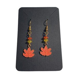 Maple Leaf Drop Earrings Autumn Gold Tone Hook Beaded Fall Theme Red Yellow Gift